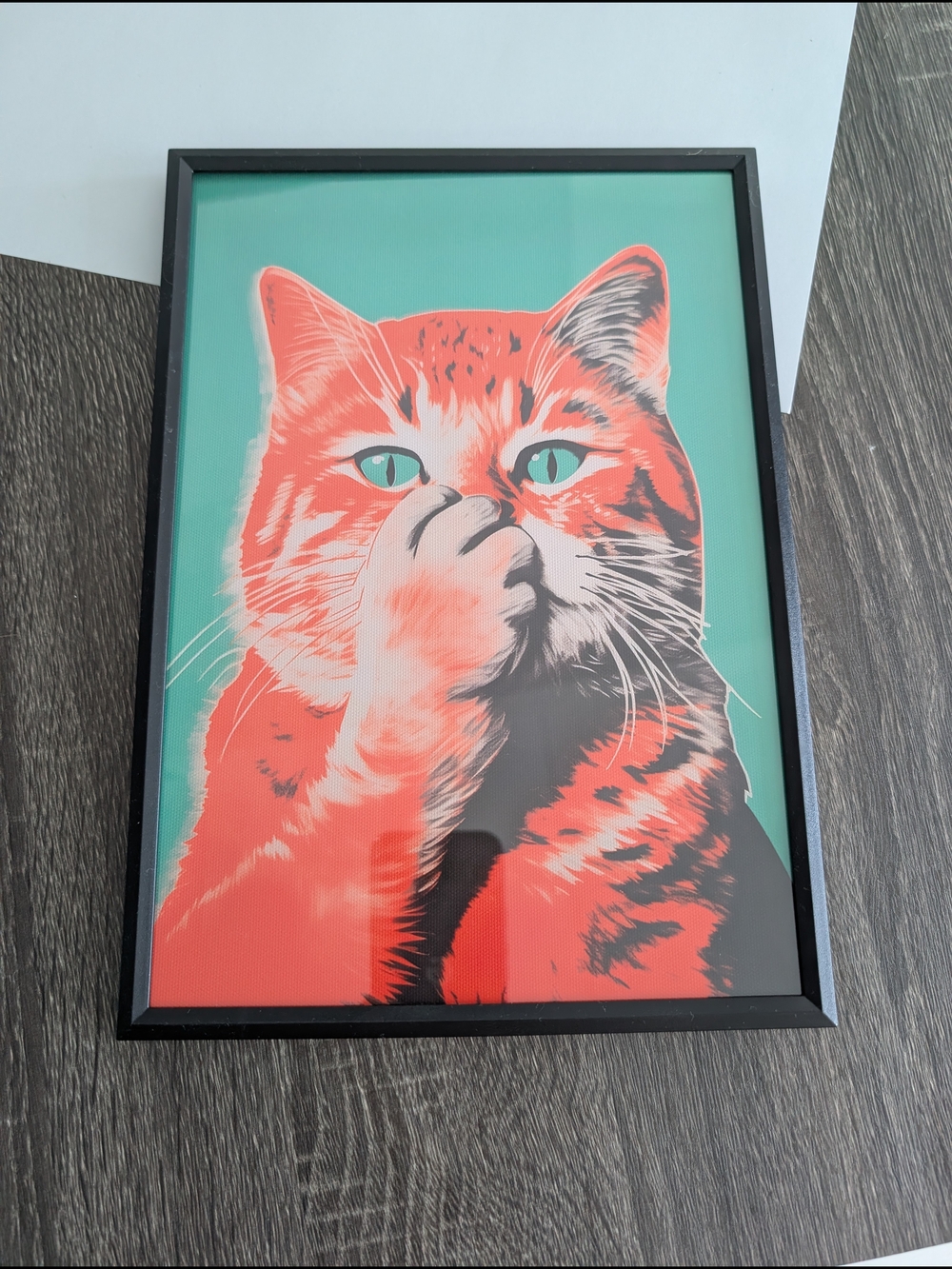 Cat Bathroom Wall Art Print in Coral and Teal - In Black Frame 20x30cm